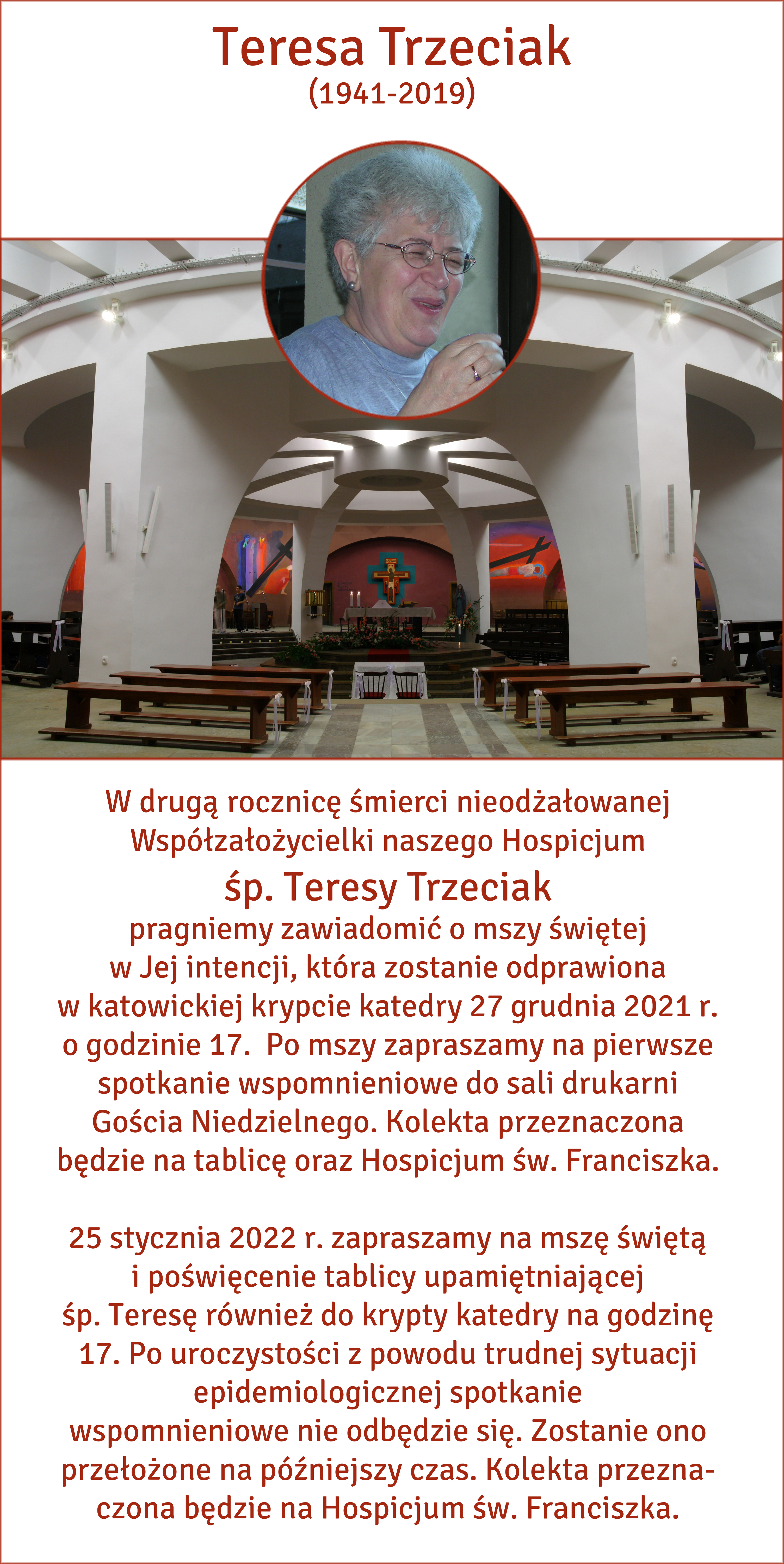 Msza Św. w intencji Współzałożycielki naszego Hospicjum śp. Teresy Trzeciak w drugą rocznicę jej śmierci Msza Św. w intencji Współzałożycielki naszego Hospicjum śp. Teresy Trzeciak w drugą rocznicę jej śmierci